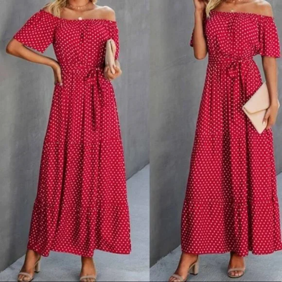 Boho polka-dot shoulder ruffle maxi dress red - Picture 3 of 6